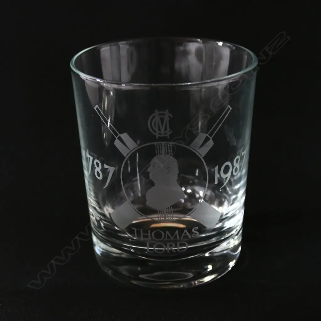 Set of six etched MCC Bicentennial (1787-1987) souvenir spirit glasses. Image 1++