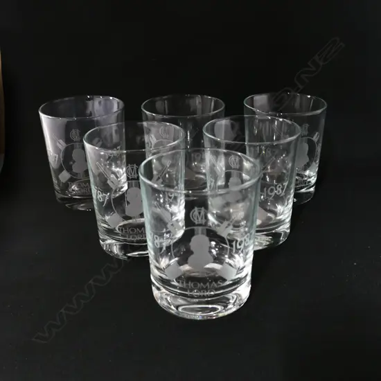 Set of six etched MCC Bicentennial (1787-1987) souvenir spirit glasses.