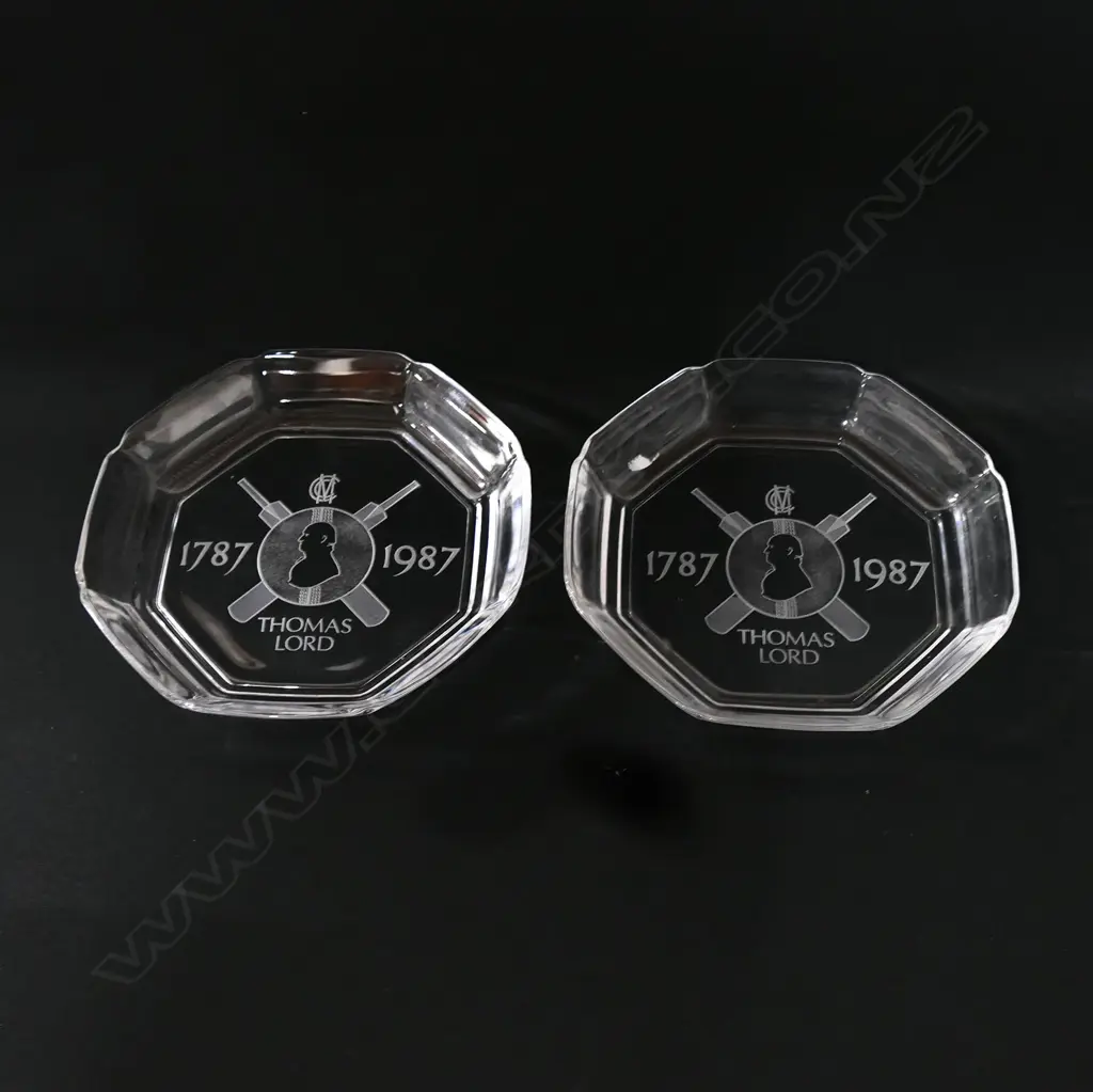 Two MCC etched crystal Bicentennial (1787-1987) souvenir ashtrays. Image 1++