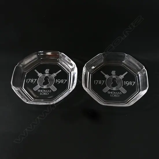 Two MCC etched crystal Bicentennial (1787-1987) souvenir ashtrays.