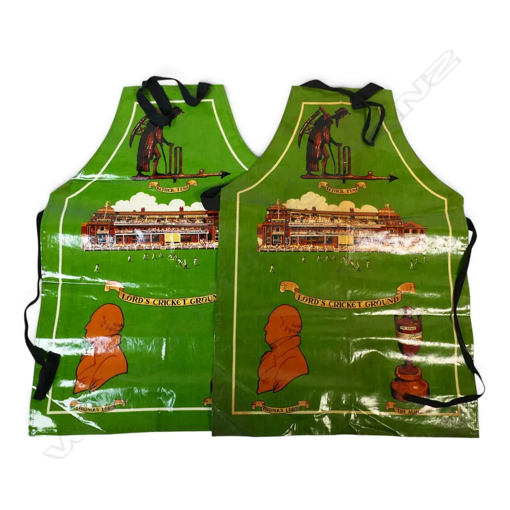 Two Lords souvenir Ashes aprons featuring iconic landmarks and symbols - c.1970-80s. Image 1++