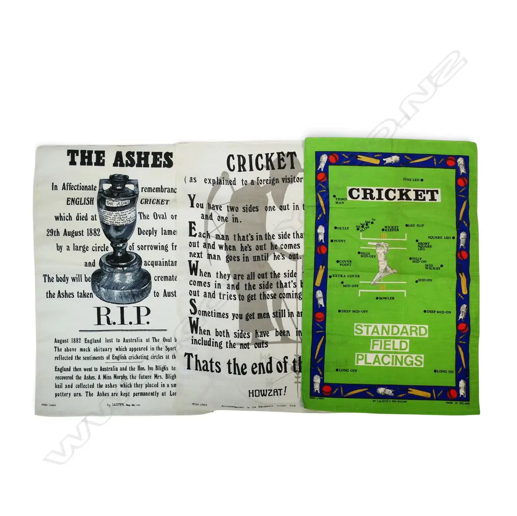 Three Irish linen tea towels - Ashes, Cricket and Field Placings - c.1980s. Image 1++