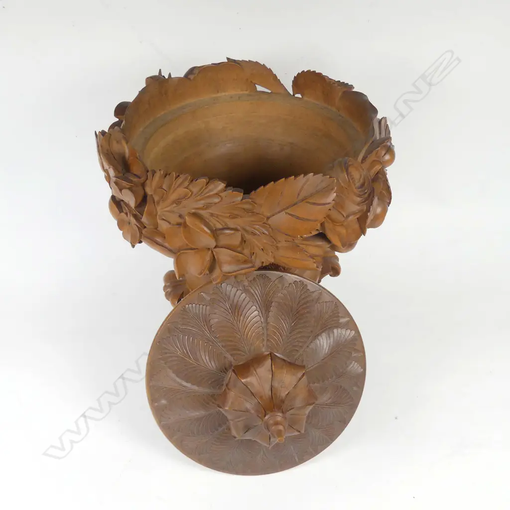A finely carved late 19thC German limewood carved lidded urn Image 1++