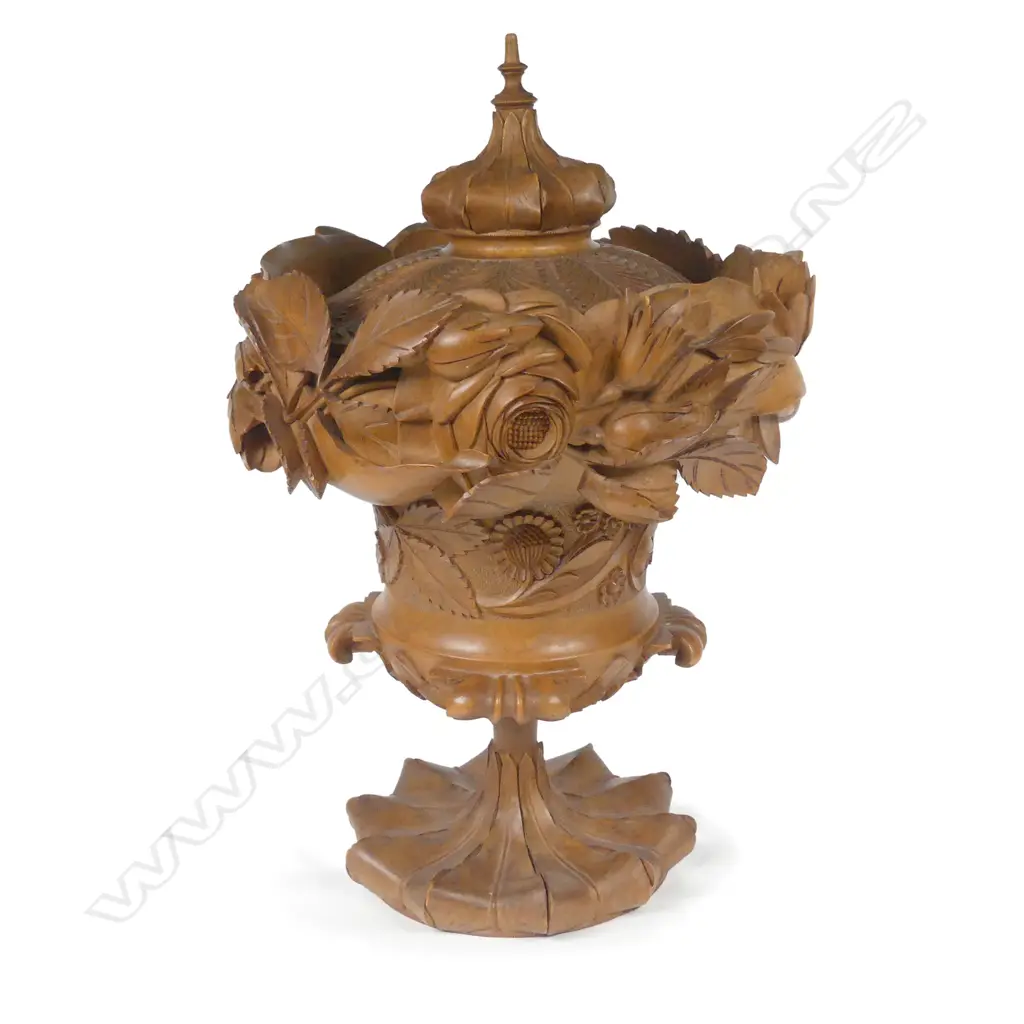 A finely carved late 19thC German limewood carved lidded urn Image 1++