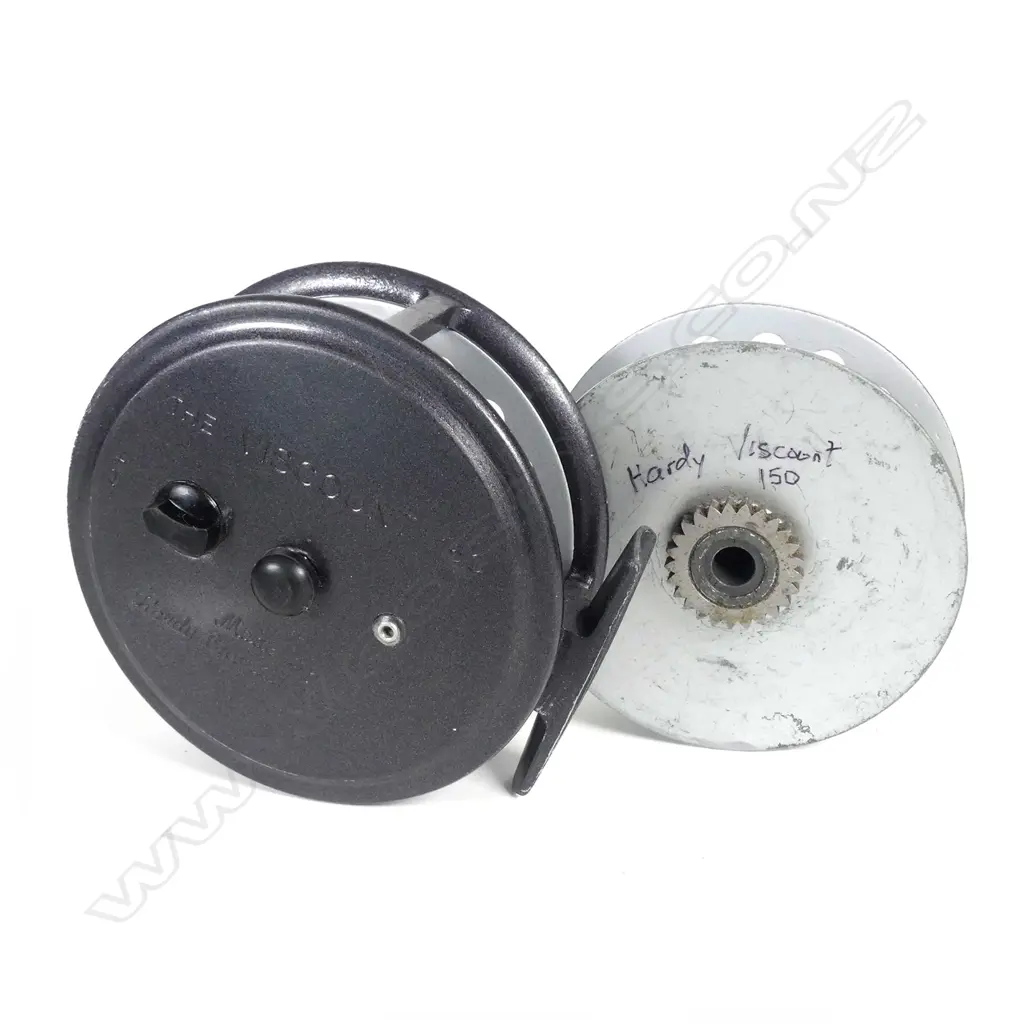 A vintage Hardy 3¾" Viscount 150 fishing reel with a spare spool and a Hardy black case - zip faulty Image 1++
