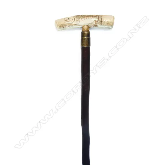 Des Baker carved antler handled fisherman's pole