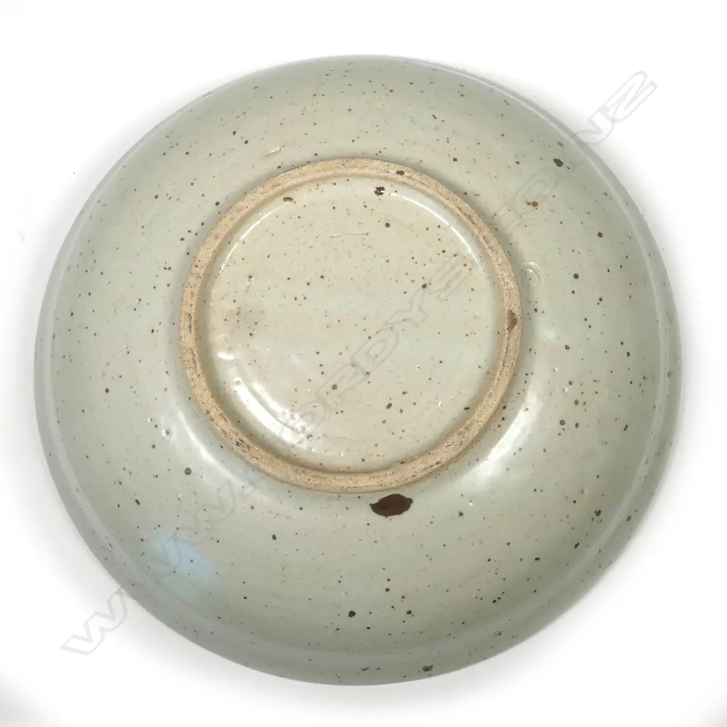 A Len Castle shallow bowl plain speckled glaze with painted quince blossom motif Image 1++