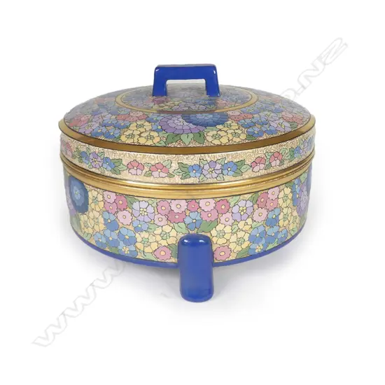An Art Deco enamel painted lidded bowl by Edna Simmons of Whanganui