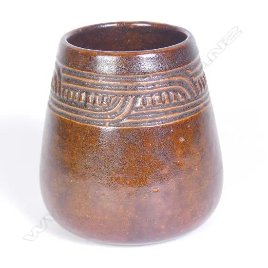 A rare N.Z. Jack Hutchison pottery Maori decorated vase