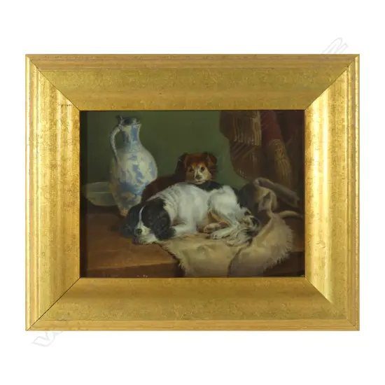 A 19thC KPM porcelain plaque painted with a study of two dogs