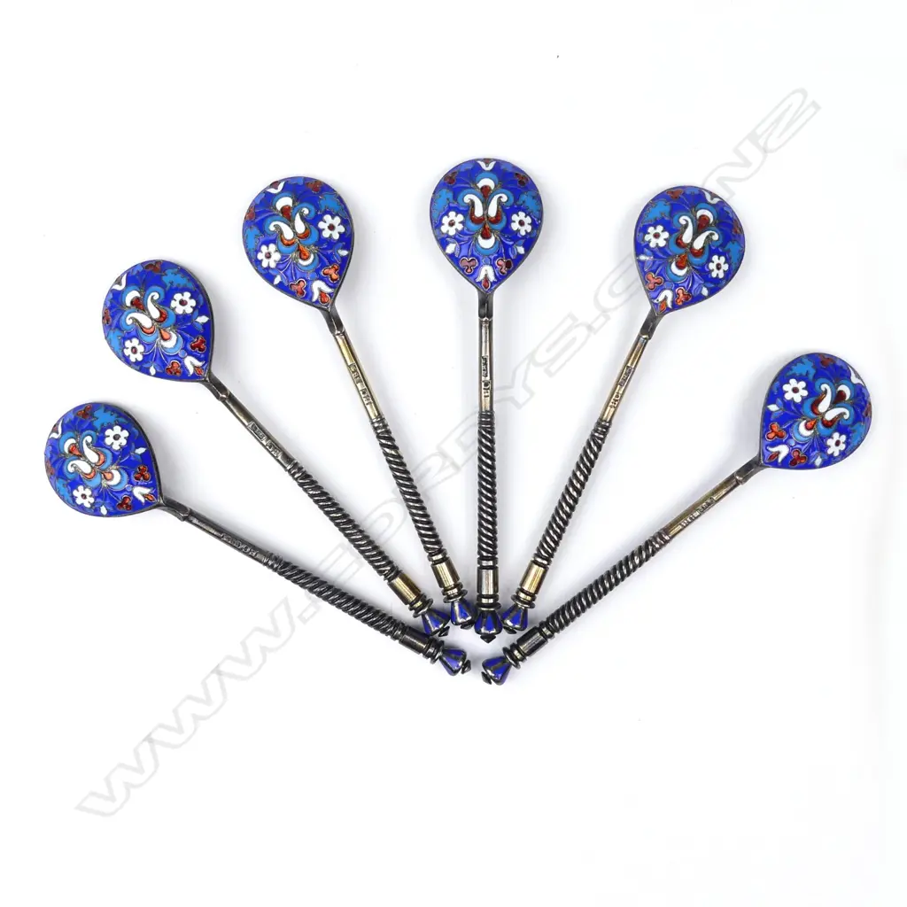 A set of six Russian silver and enamel coffee spoons Image 1++