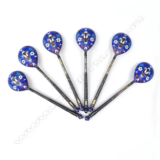 A set of six Russian silver and enamel coffee spoons