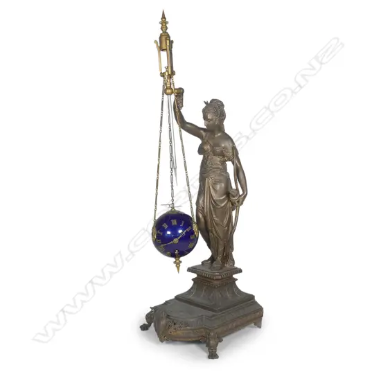 A 19thC spelter bronze Diana figured conical pendulum mystery clock