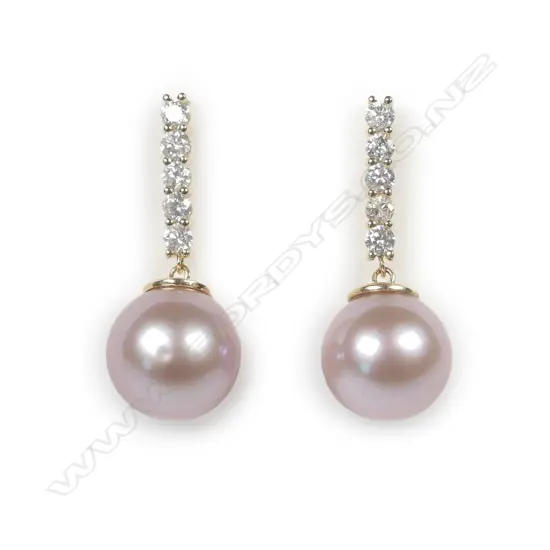 A pair of 14ct yellow gold pearl and diamond drop earrings