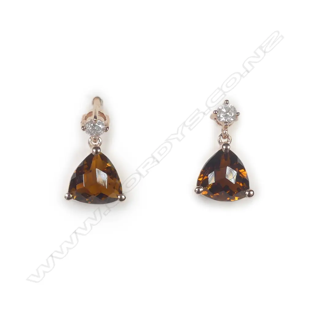 A pair of 9ct rose gold tourmaline and diamond stud drop earrings Image 1++