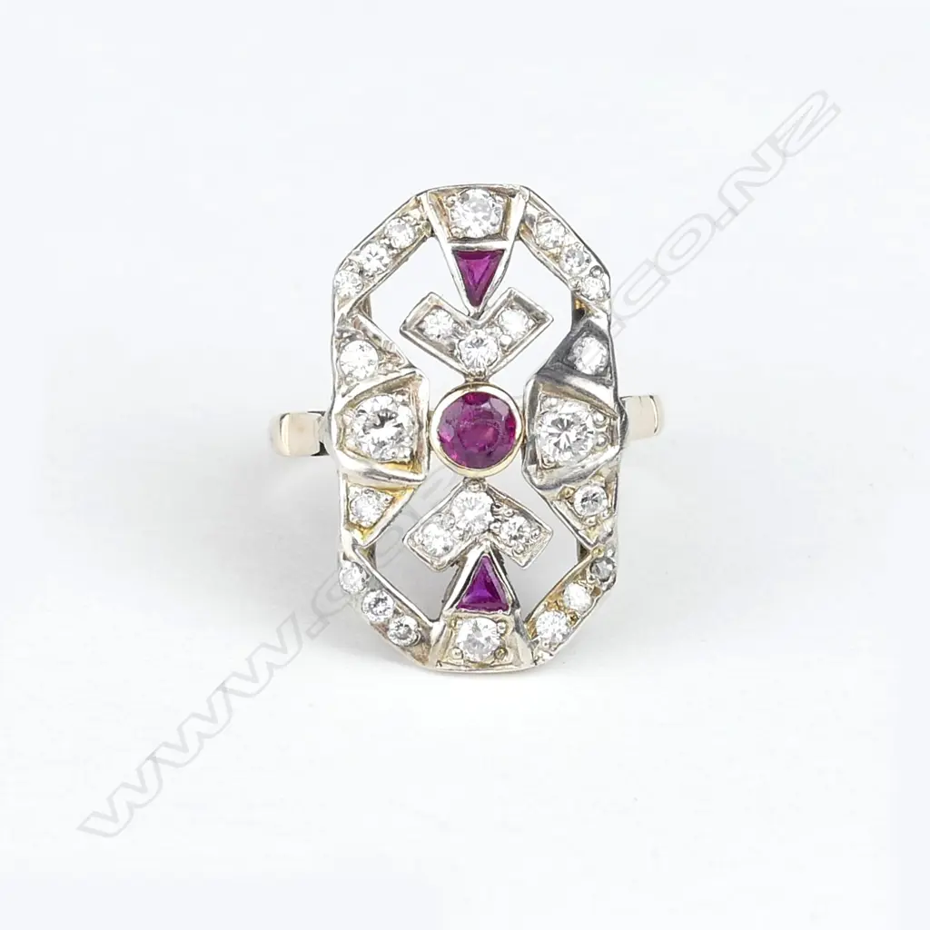 An Art Deco 9ct gold and silver diamond and ruby ring Image 1++