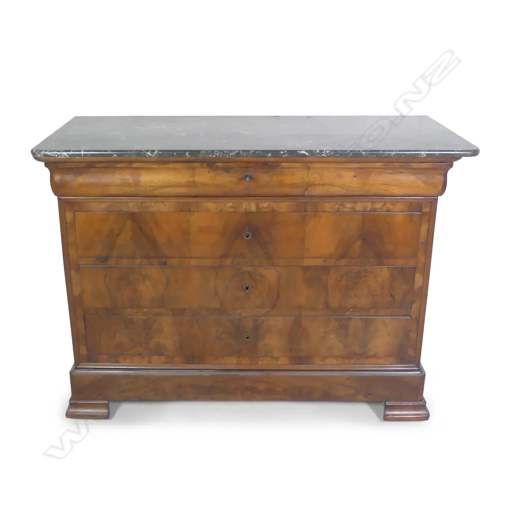 A French 19thC walnut marble top commode Image 1++