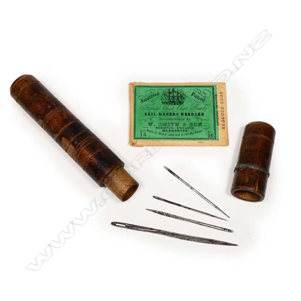 Sail-maker's needles in a decorative turned wooden needle case Image 1++