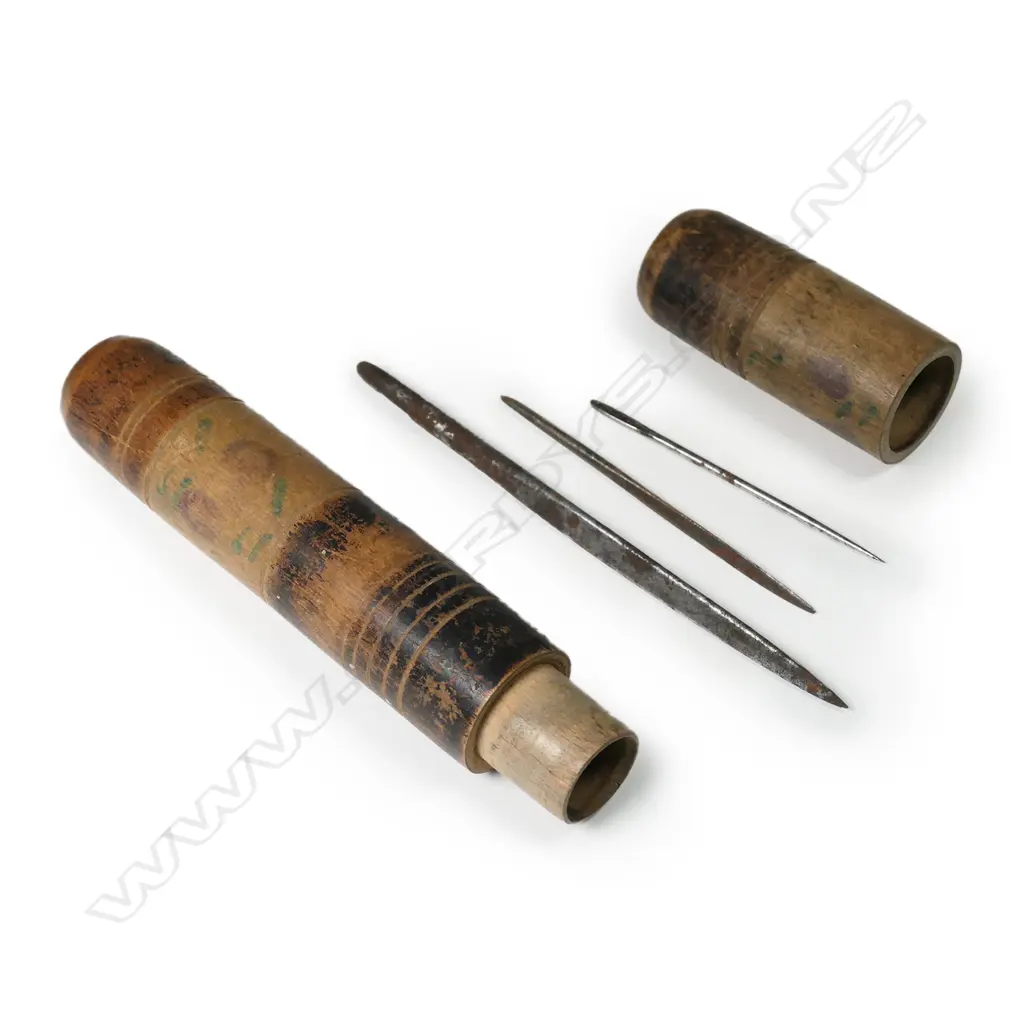 Sail-maker's needles in a decorative turned wooden needle case Image 1++