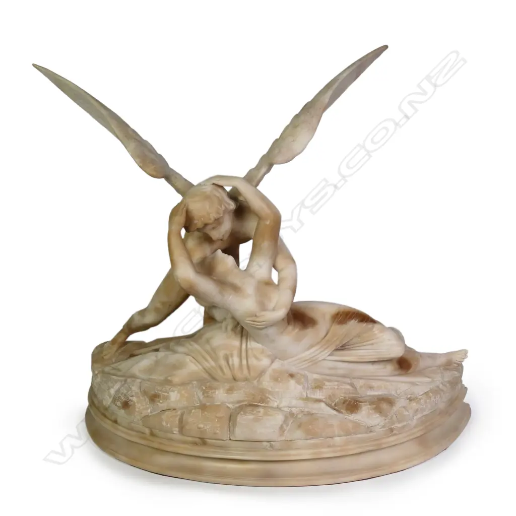 A Victorian alabaster sculpture depicting Psyche Revived by Cupid's Kiss Image 1++