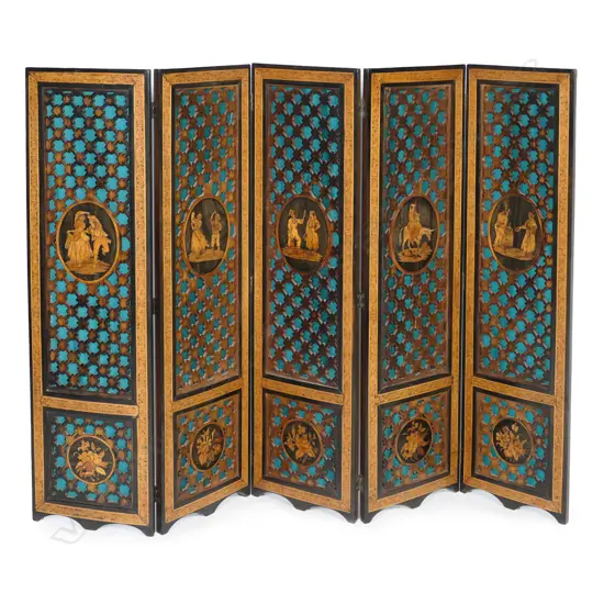 A late 19thC European inlaid decorative five panel table screen