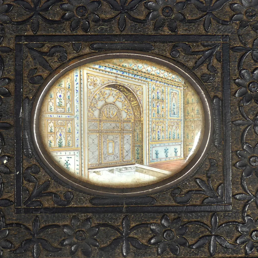 A 19thC Indian miniature painted on ivory of an elaborate palace interior Image 1++