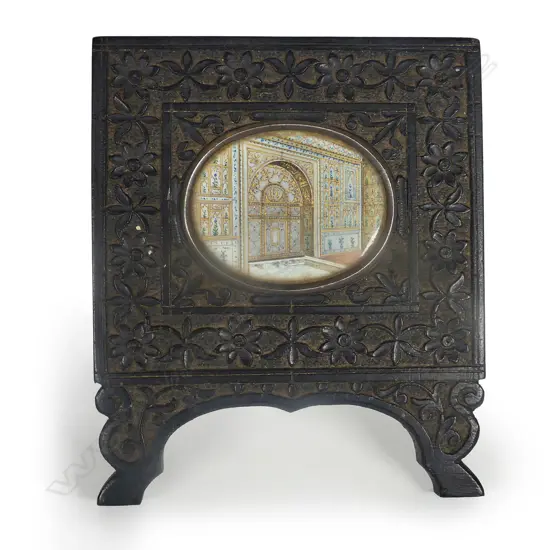 A 19thC Indian miniature painted on ivory of an elaborate palace interior