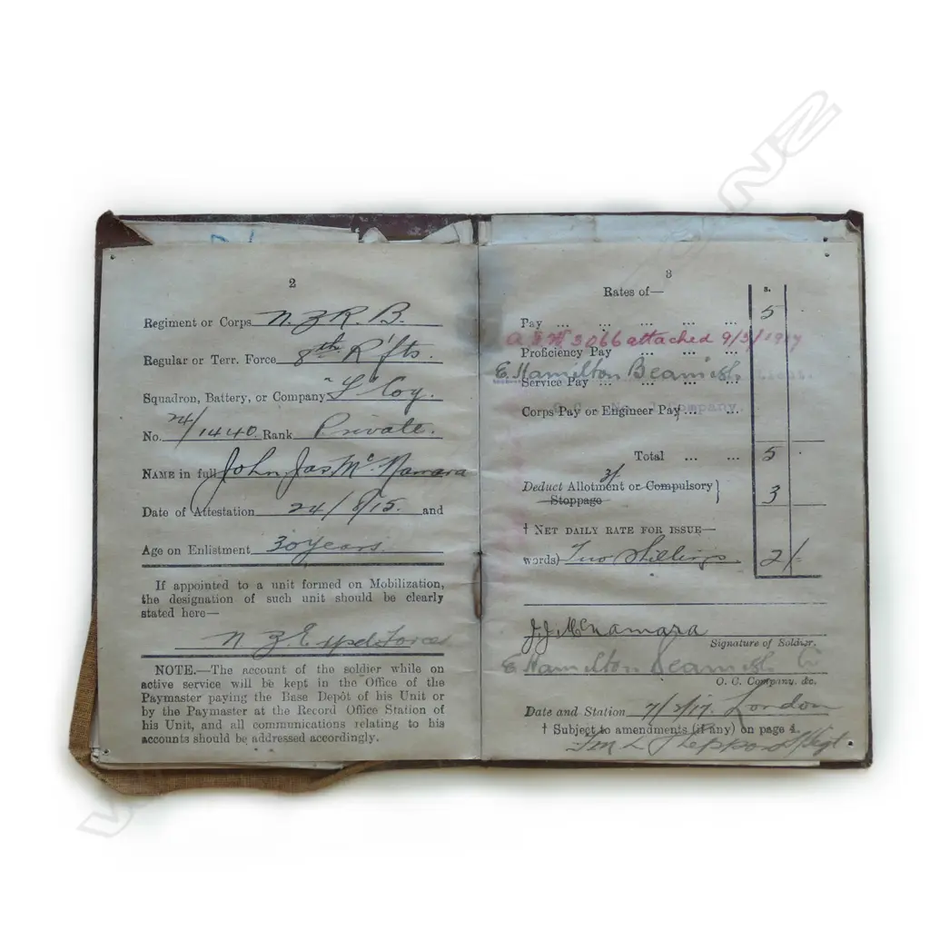 Pvte. John James McNamara's WWI NZEF archive collection in frame Image 1++