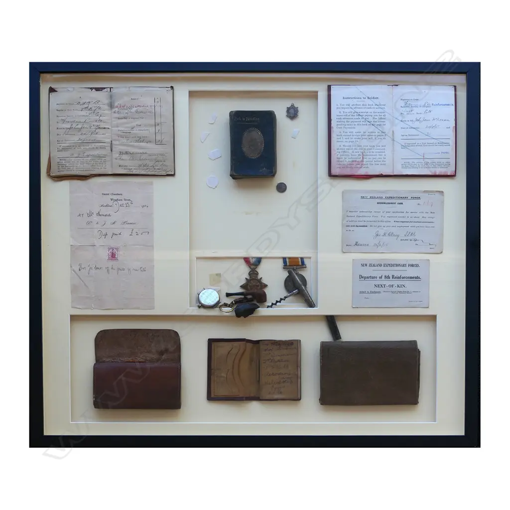 Pvte. John James McNamara's WWI NZEF archive collection in frame Image 1++