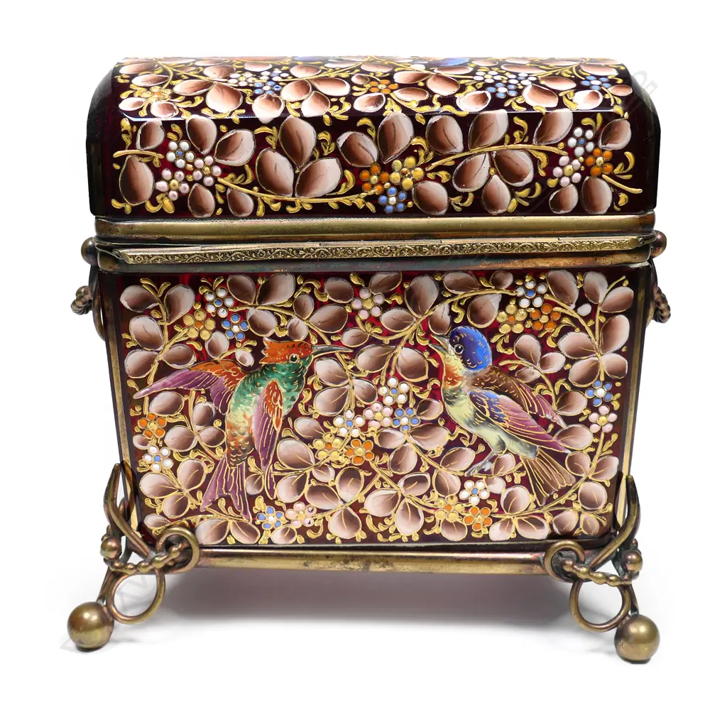 A 19thC European quality enamel jewelled ruby red glass casket Image 1++