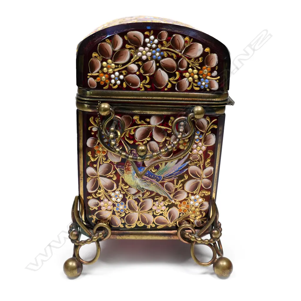 A 19thC European quality enamel jewelled ruby red glass casket Image 1++
