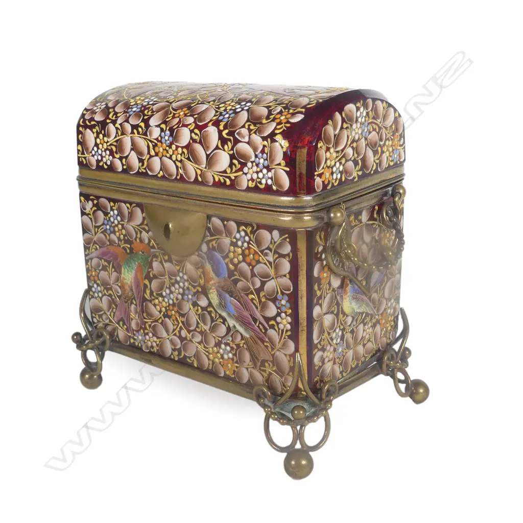 A 19thC European quality enamel jewelled ruby red glass casket Image 1++