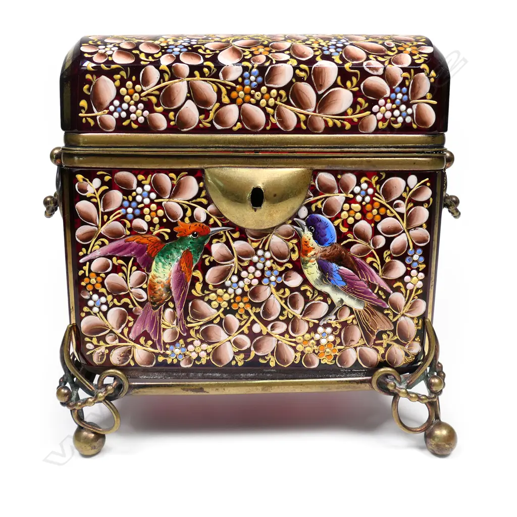 A 19thC European quality enamel jewelled ruby red glass casket Image 1++