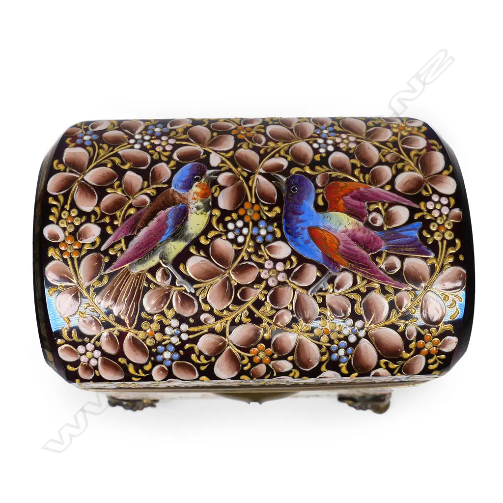 A 19thC European quality enamel jewelled ruby red glass casket Image 1++