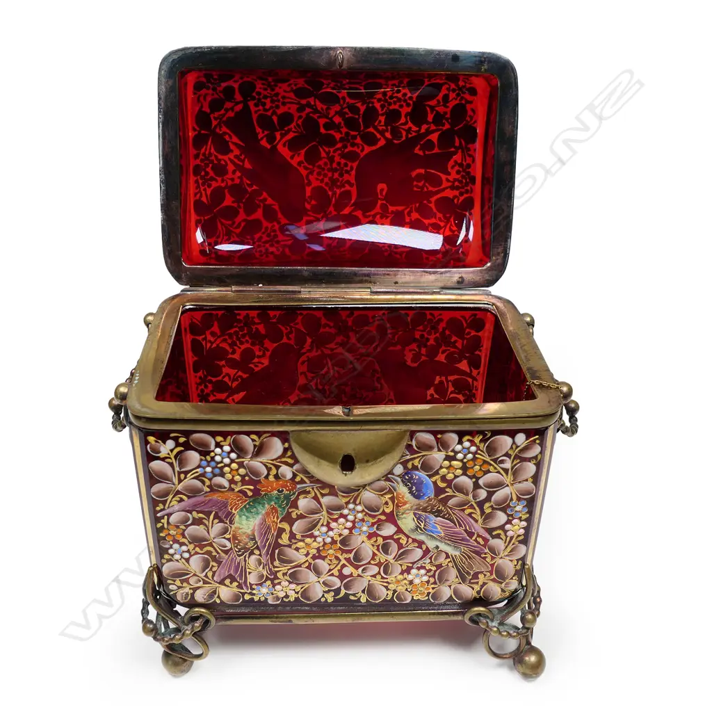 A 19thC European quality enamel jewelled ruby red glass casket Image 1++