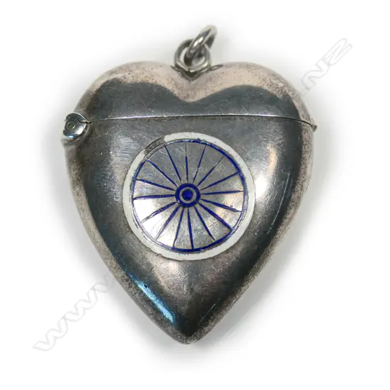 A late Victorian silver heart form and enamel vesta