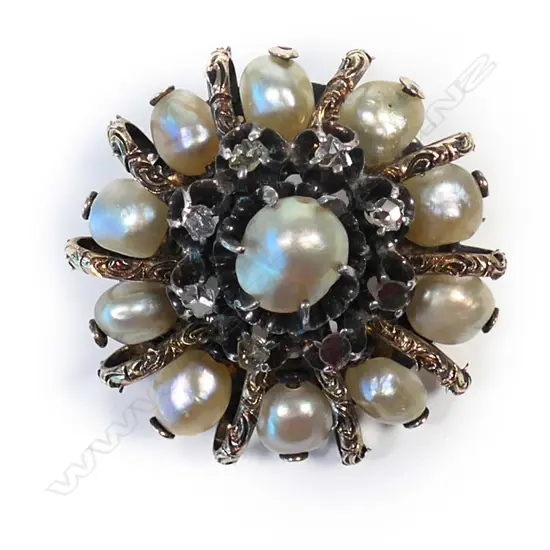 A Georgian 15ct gold diamond and pearl brooch