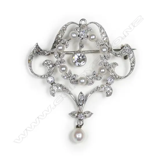 A platinum Belle Epoque diamond and pearl brooch