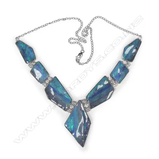 A 14ct white gold Queensland boulder opal and diamond collar