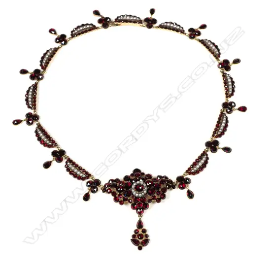 A 9ct gold Bohemian garnet and pearl necklace