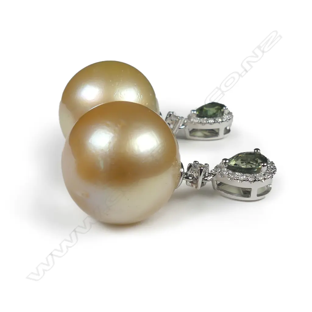 A pair of 14ct white gold pearl sapphire and diamond drop earrings Image 1++