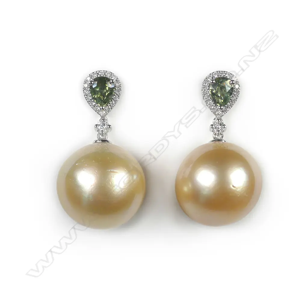 A pair of 14ct white gold pearl sapphire and diamond drop earrings Image 1++
