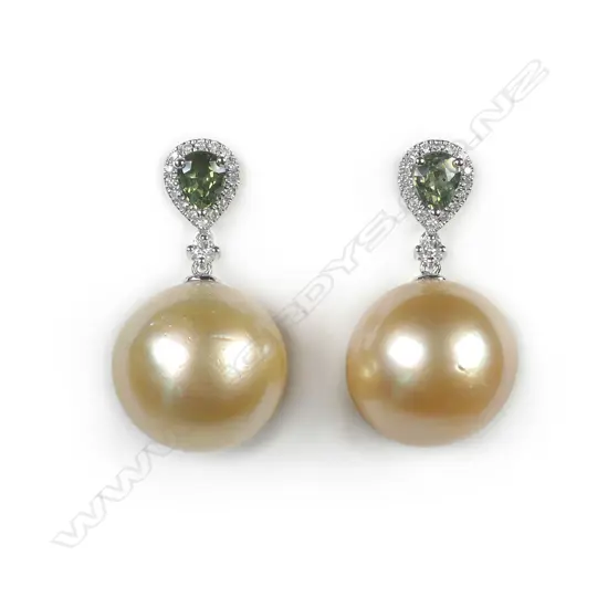 A pair of 14ct white gold pearl sapphire and diamond drop earrings