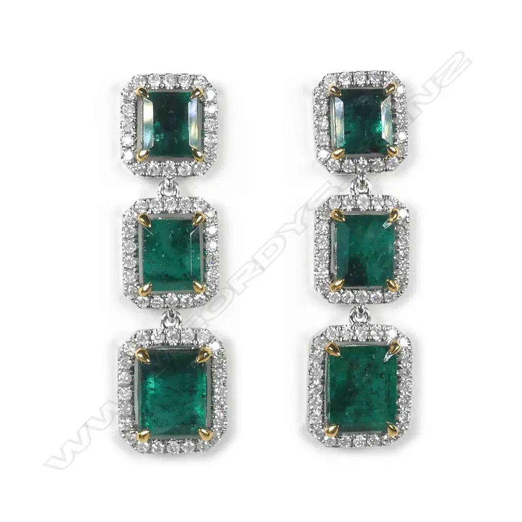 A pair of platinum emerald and diamond drop earrings Image 1++