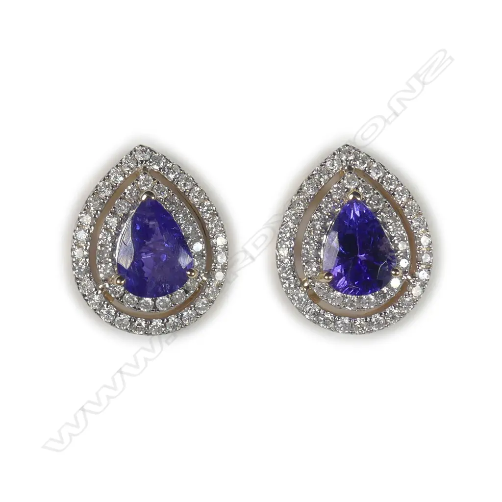 A 14ct yellow gold tanzanite and diamond double halo earrings Image 1++