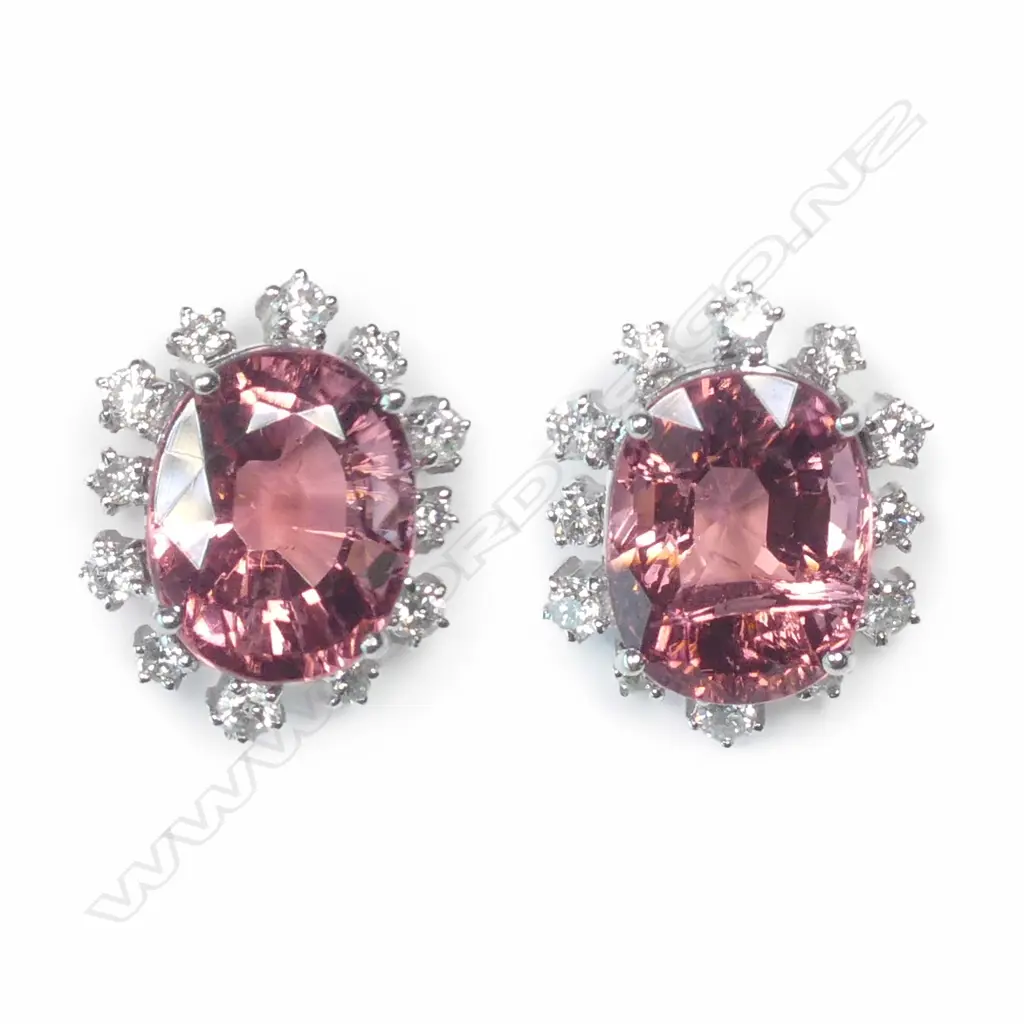 A pair of 18ct white gold pink tourmaline and diamond earrings Image 1++