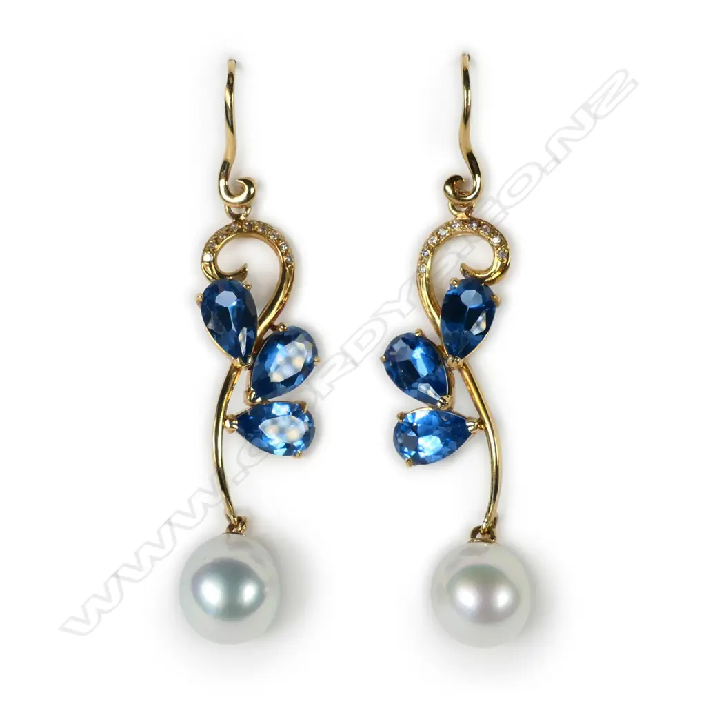 A pair of 18ct gold pearl diamond and spinel earrings Image 1++