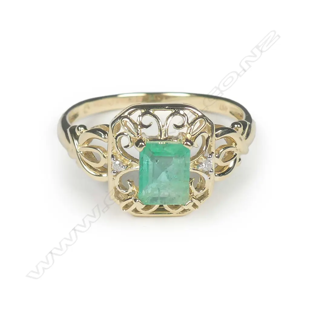 A 10ct yellow gold emerald and diamond filigree ring Image 1++