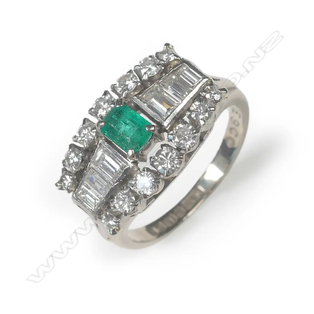 An 18ct white gold diamond and emerald Art Deco style ring Image 1++