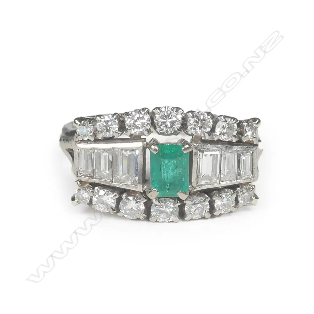 An 18ct white gold diamond and emerald Art Deco style ring Image 1++